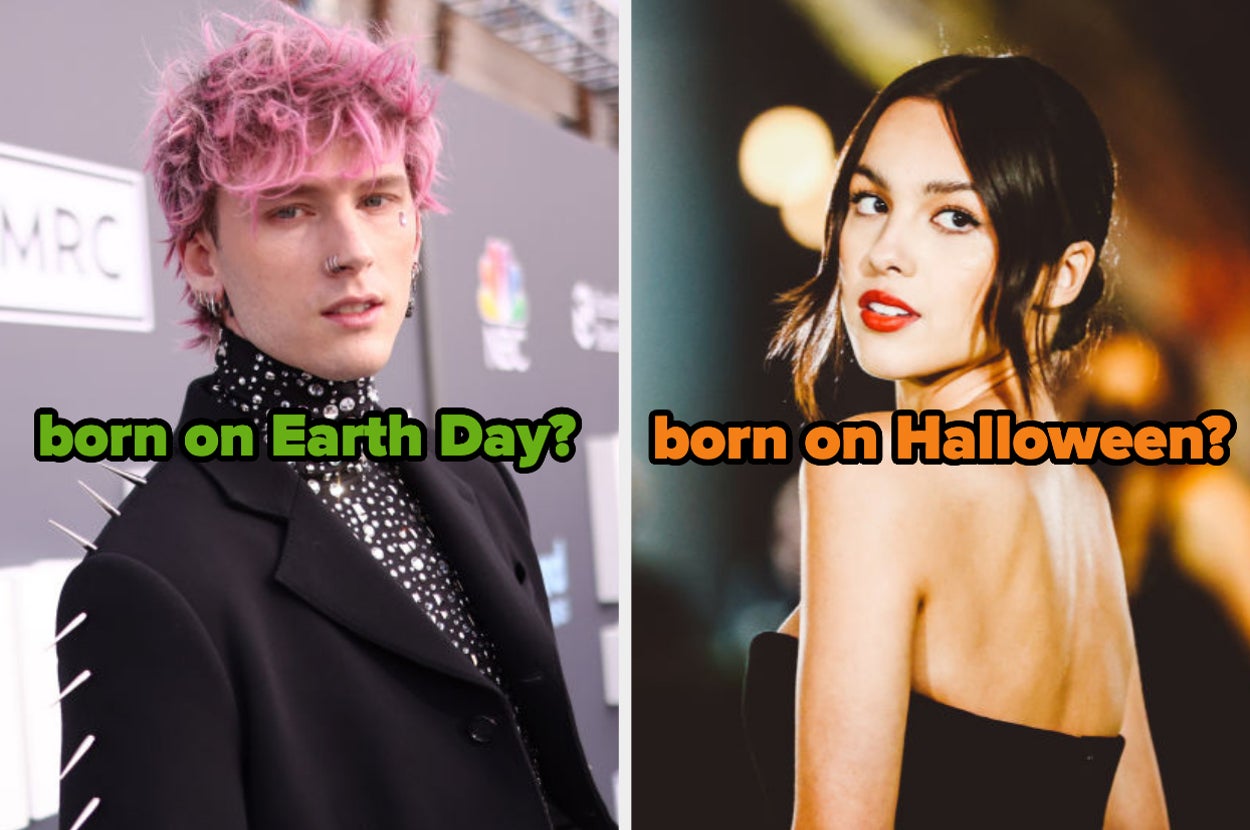 On the left, Machine Gun Kelly labeled born on Earth day, and on the right, Olivia Rodrigo labeled born on Halloween
