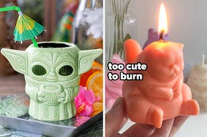 on left, The Child-shaped drinking cup with plastic umbrella. on right, lit pink candle shaped like a sad cat