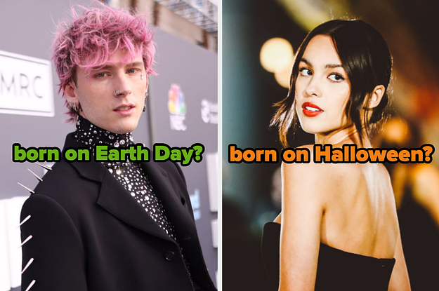 On the left, Machine Gun Kelly labeled born on Earth day, and on the right, Olivia Rodrigo labeled born on Halloween