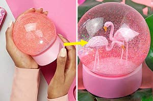 left to right: pink snow globe with pink glitter and flamingos inside
