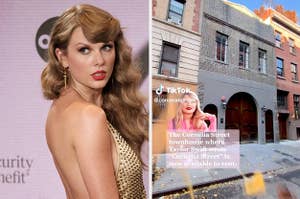 taylor swift at awards show and screenshot of tiktok with house exterior saying "the cornelia street house where taylor wrote the song is now availble to rent"