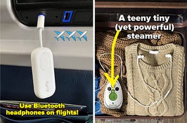 left image: airfly wireless transmitter to use bluetooth headphones on flights, right image: mini steamer inside luggage