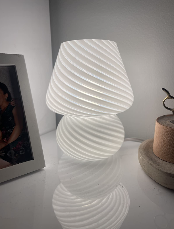 white striped mushroom lamp made of glass