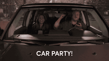 Will Sasso and Christina Vidal dancing inside car saying &quot;Car party!&quot;