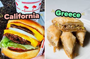 On the left, an In-N-Out burger labeled California, and on the right, some baklava labeled Greece