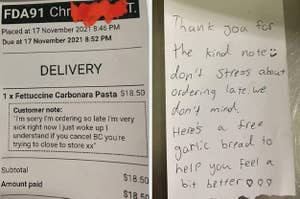 A customer note for food delivery apologizing for ordering right before close because they're sick next to a response note from the restaurant telling them not to stress and offering a free garlic bread