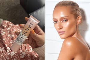 on left, reviewer holding container of L'Oreal Skin Paradise tinted moisturizer. on right, model with glowy skin while wearing Danessa Myricks highlighter