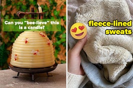 L: candle shaped like a beehive with plastic bees on it R: sherpa-lined joggers
