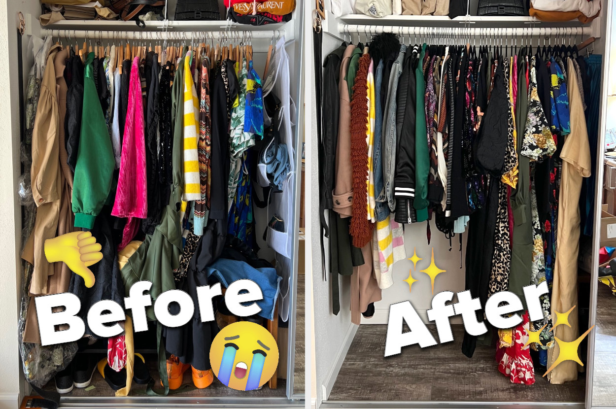 A before and after shot of a closet is shown