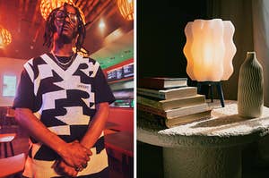 (Left) Model wearing black and white vest; (Right) white wavy lamp sitting on table next to wavy vase and books