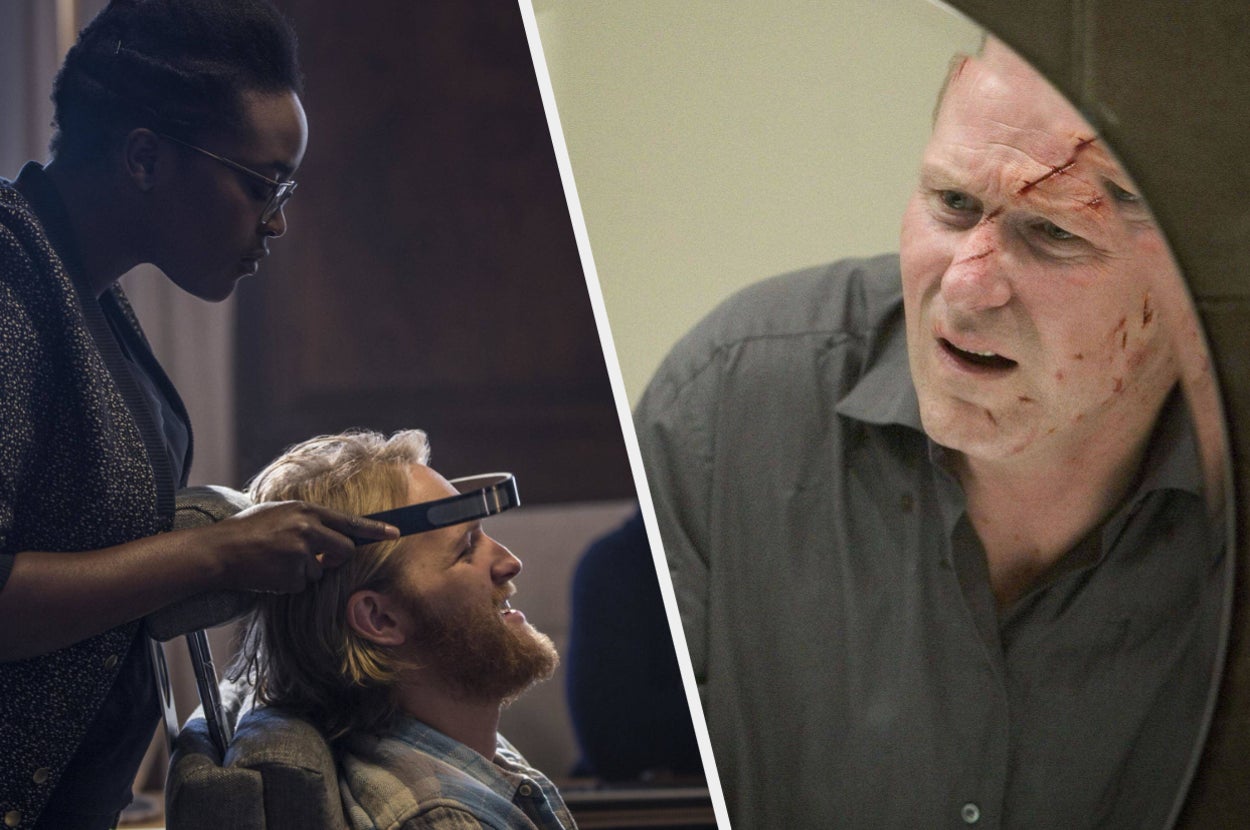 A woman puts an experimental device atop the head of a bearded video game tester / An injured man examines his facial wounds in a mirror