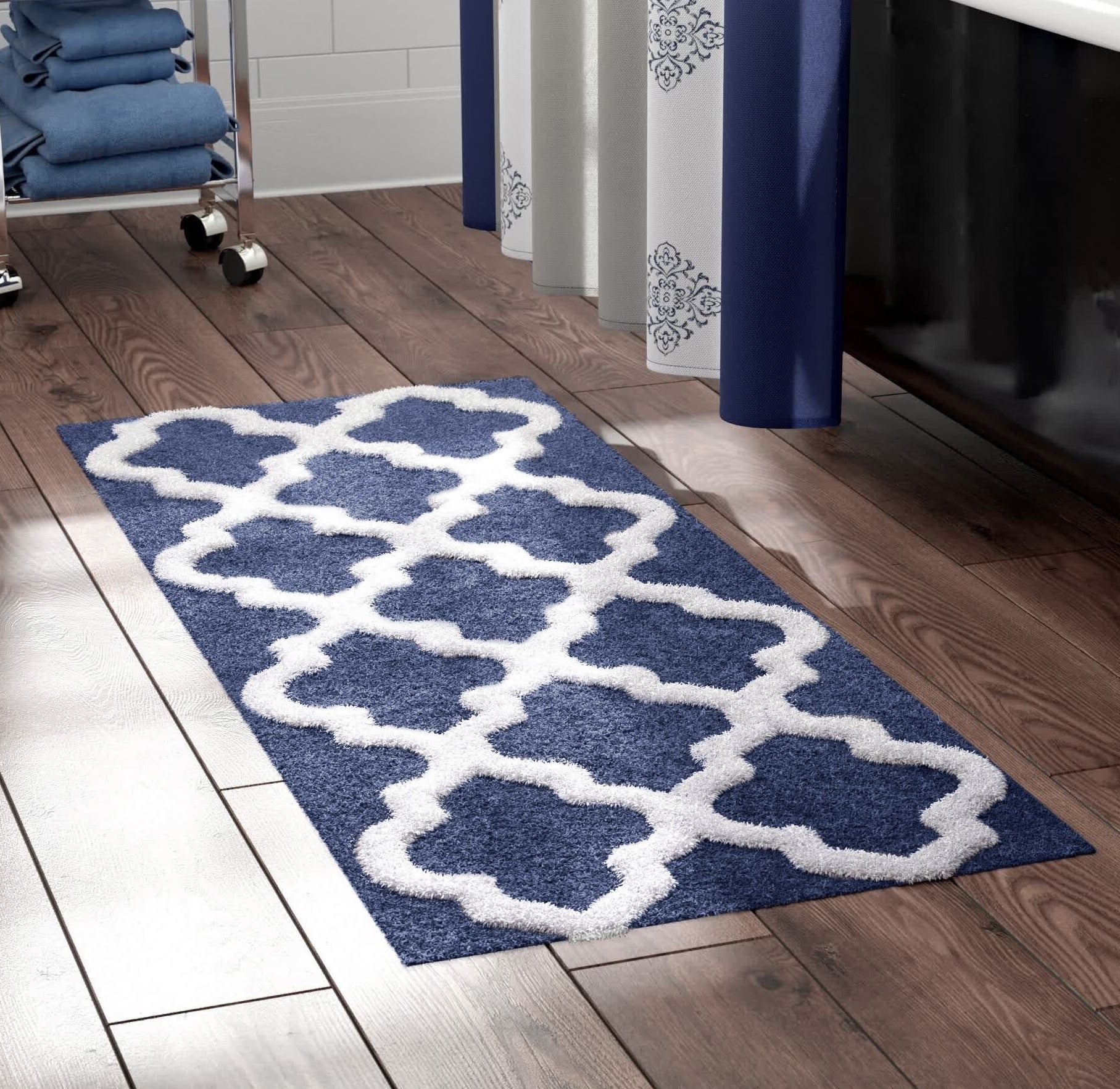 navy and white trellis pattern bath rug