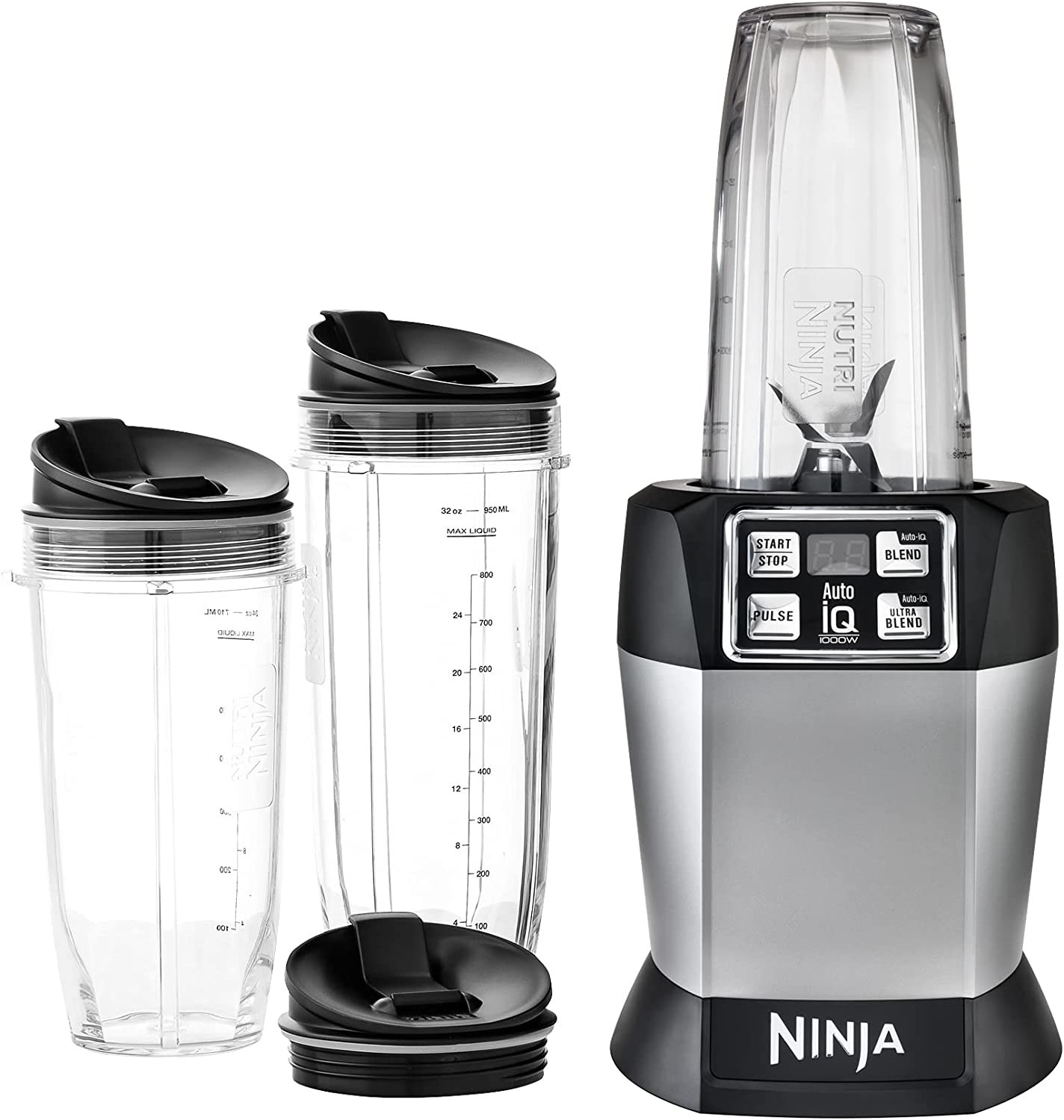 a ninja blender with three cup attachments