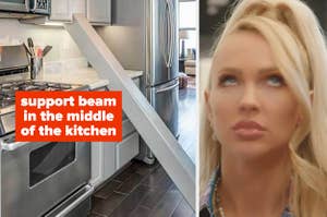 "support beam in the middle of the kitchen" over a kitchen, next to annoyed christine quinn