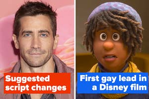Jake gyllenhaal photo caption reads suggested script changes still of ethan from strange world caption reads first gay lead in a disney film