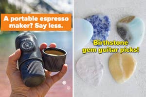 左图：便携式浓缩咖啡制造商，右图：诞生石宝石吉他挑选