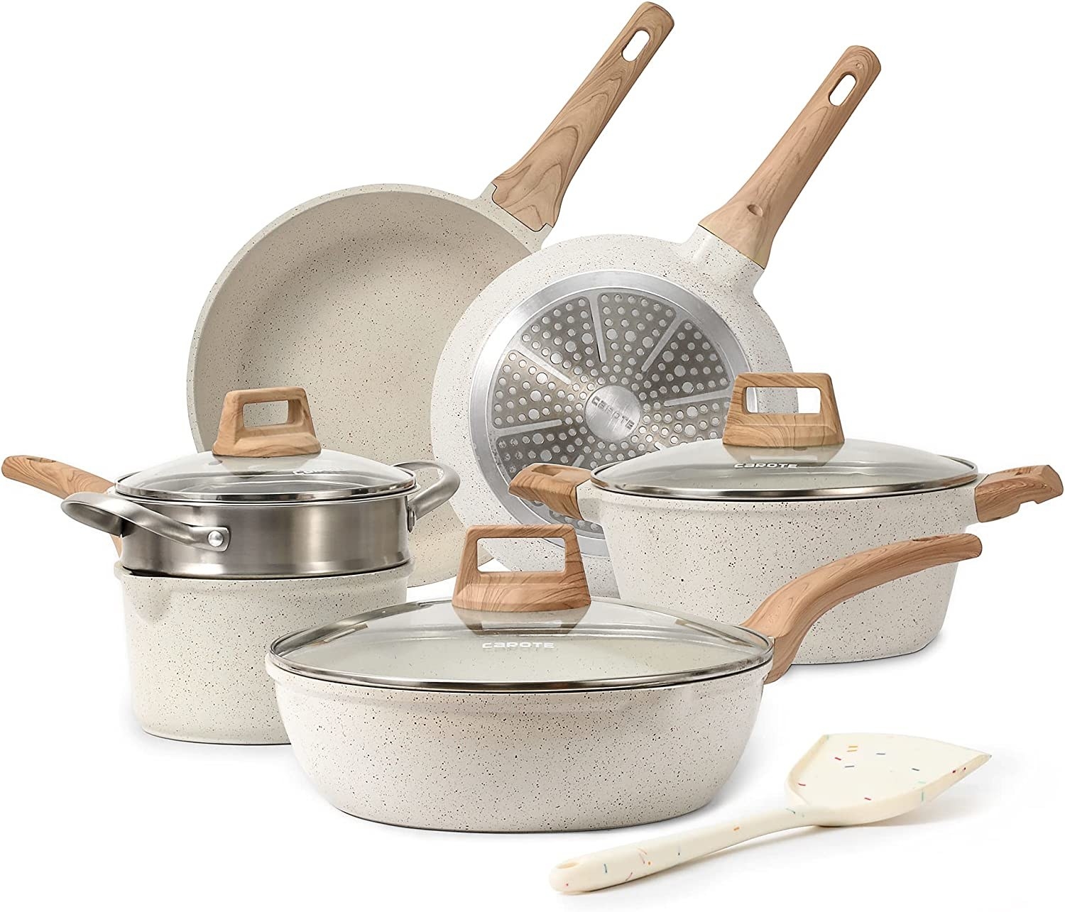 a ten-piece cookware set on a blank background