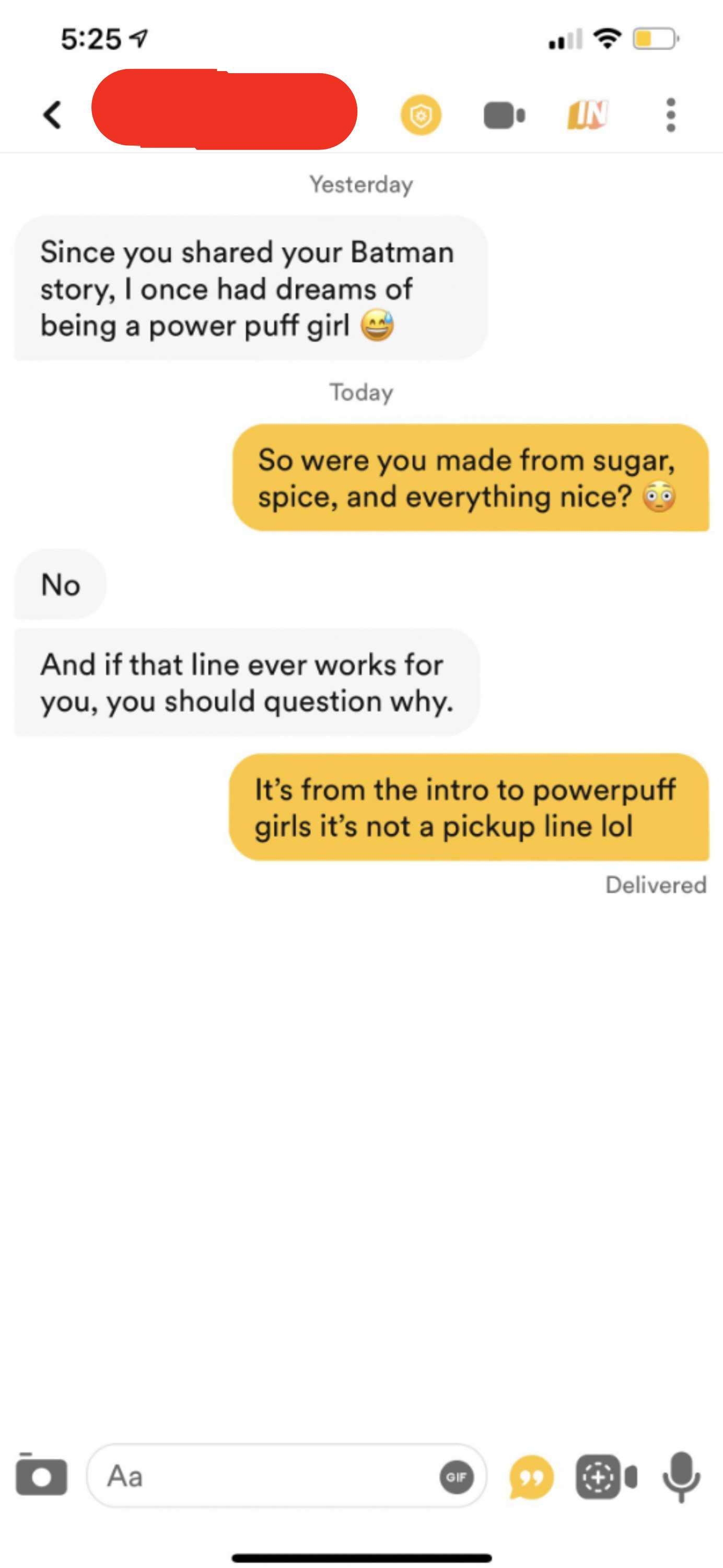 Screenshot of a text exchange with a &quot;Powerpuff Girls&quot; reference