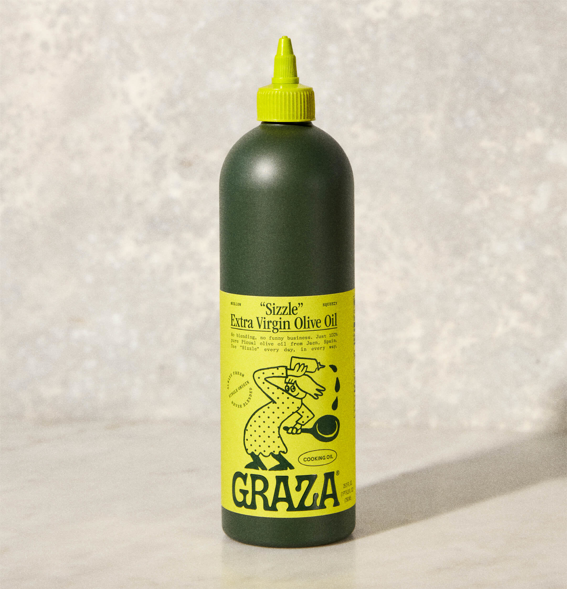 The olive oil in its squeezable container