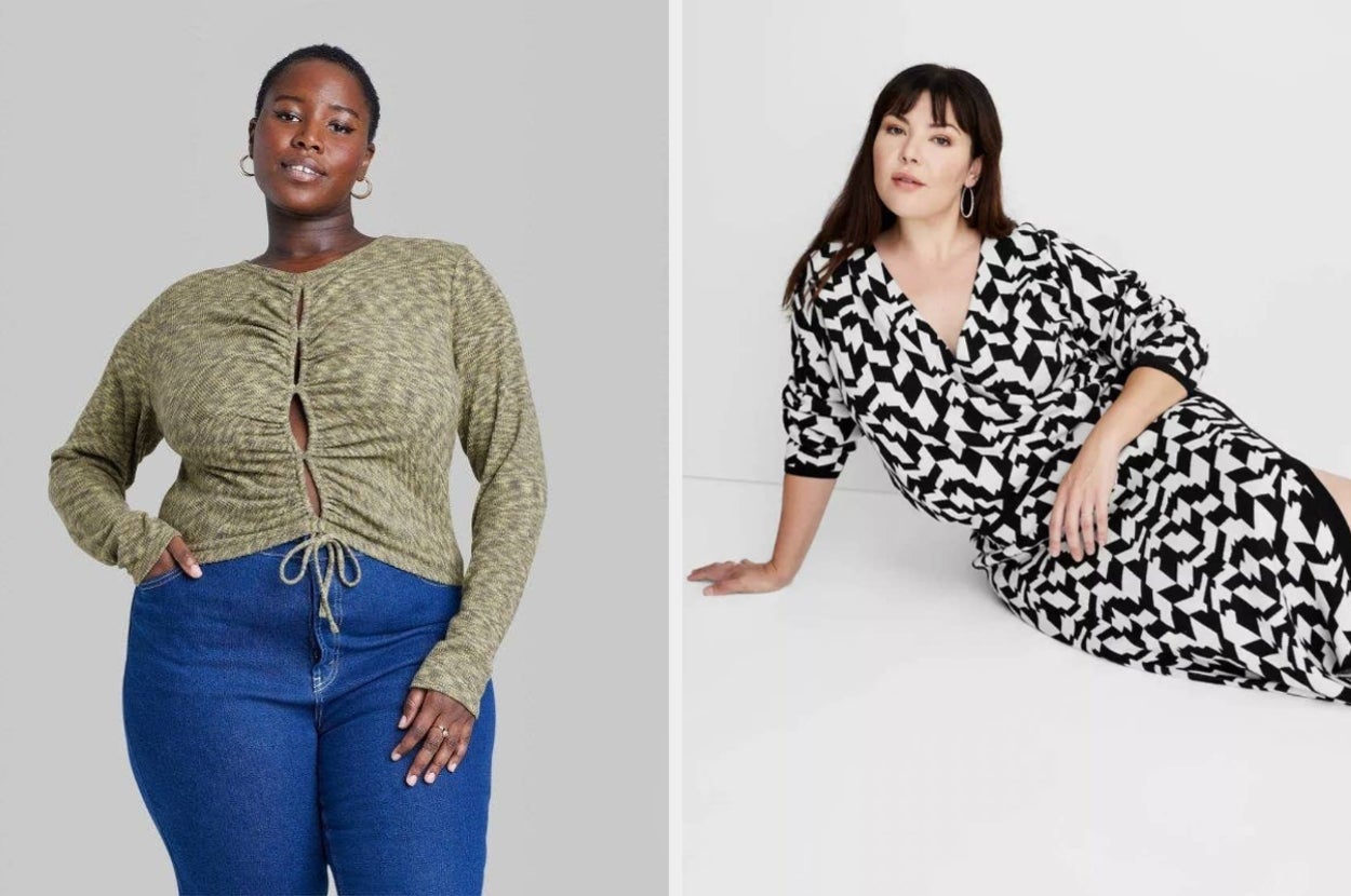 on left, model wearing long sleeve green space-dye crop top with jeans. on right, model wearing white and black geometric-print sweater with matching midi skirt