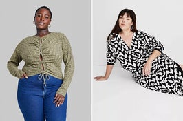 on left, model wearing long sleeve green space-dye crop top with jeans. on right, model wearing white and black geometric-print sweater with matching midi skirt