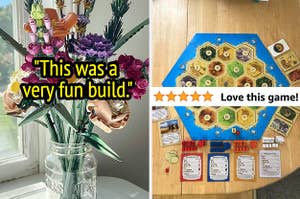 a lego bouquet and text that reads "This was a very fun build"; a game of Catan set up and text that reads "love this game"