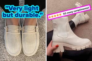 L: a reviewer wearing lace--up loafers and a quote reading "Very light but durable.", R: a reviewer holding and wearing a chunky white chelsea boot and a five-star review titled "SO many compliments!!"