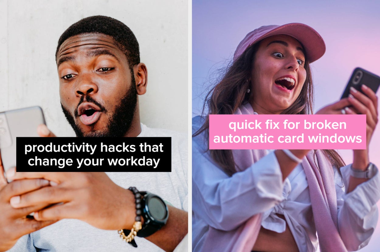 black man shocked and impressed by something on his phone, white woman shocked and amused by something on her phone