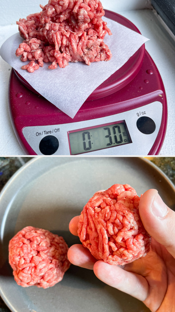 3 ounces of burger meat being shaped into balls