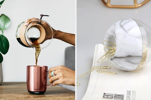 someone pouring coffee into a smart mug and a marble paper clip holder