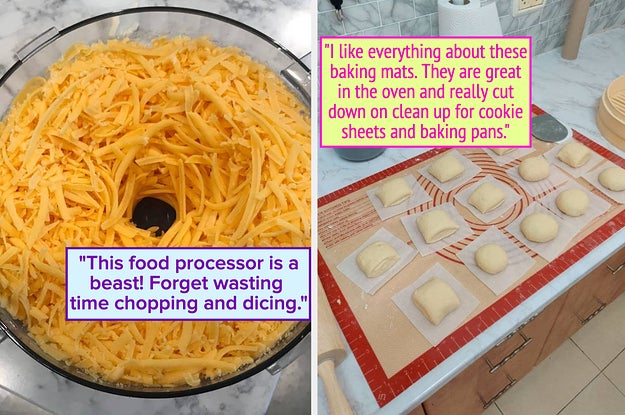 reviewer photo of shredded cheese in the bowl of a food processor with a positive review quote over top / reviewer photo of dough portioned out on a silicone baking mat with a positive review quote over top