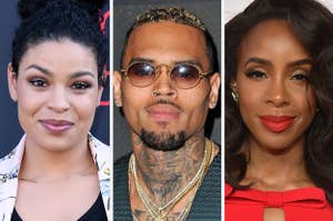 Jordin Sparks wears a pink blazer with flowers and a black shirt. Chris Brown wears a teal vest with gold chains and black sunglasses with a gold rim. Kelly Rowland wears a red dress with matching lipstick.
