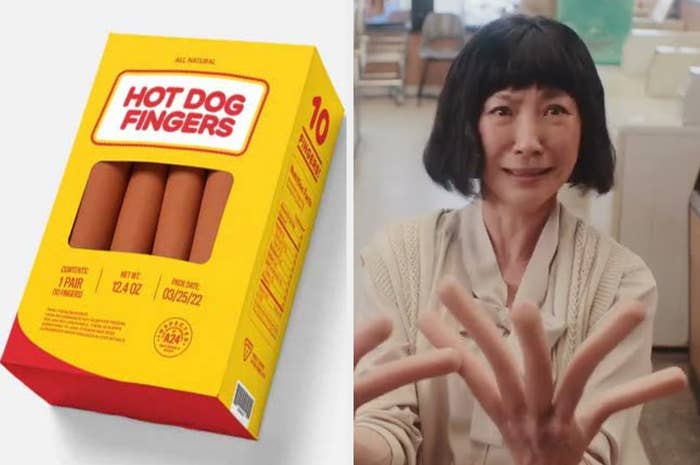 A box of hot dog fingers and Michelle Yeoh in the movie wearing them on her hands, looking confused