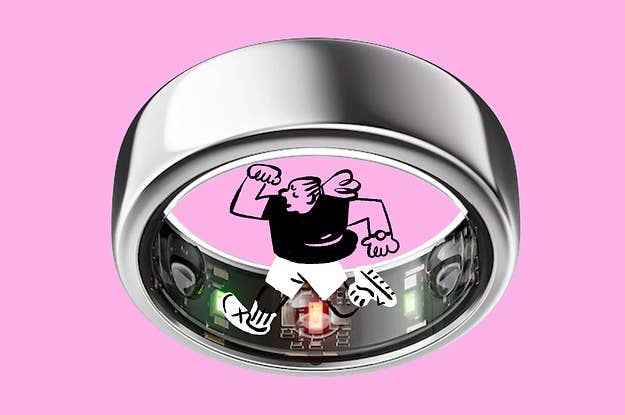 a metalic, silver ring. The inside face of the ring has monitoring tech. There is an illustration of a person running on it as if it is a hamster wheel