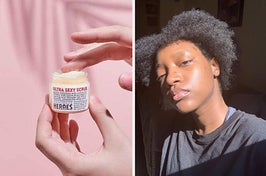 on left, fingers scooping Handmade Heroes coconut lip scrub out of jar. on right, reviewer with glowy complexion after using CeraVe moisturizer