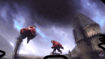 A moving image of Harry Potter and his friends flying in the air on a broomstick