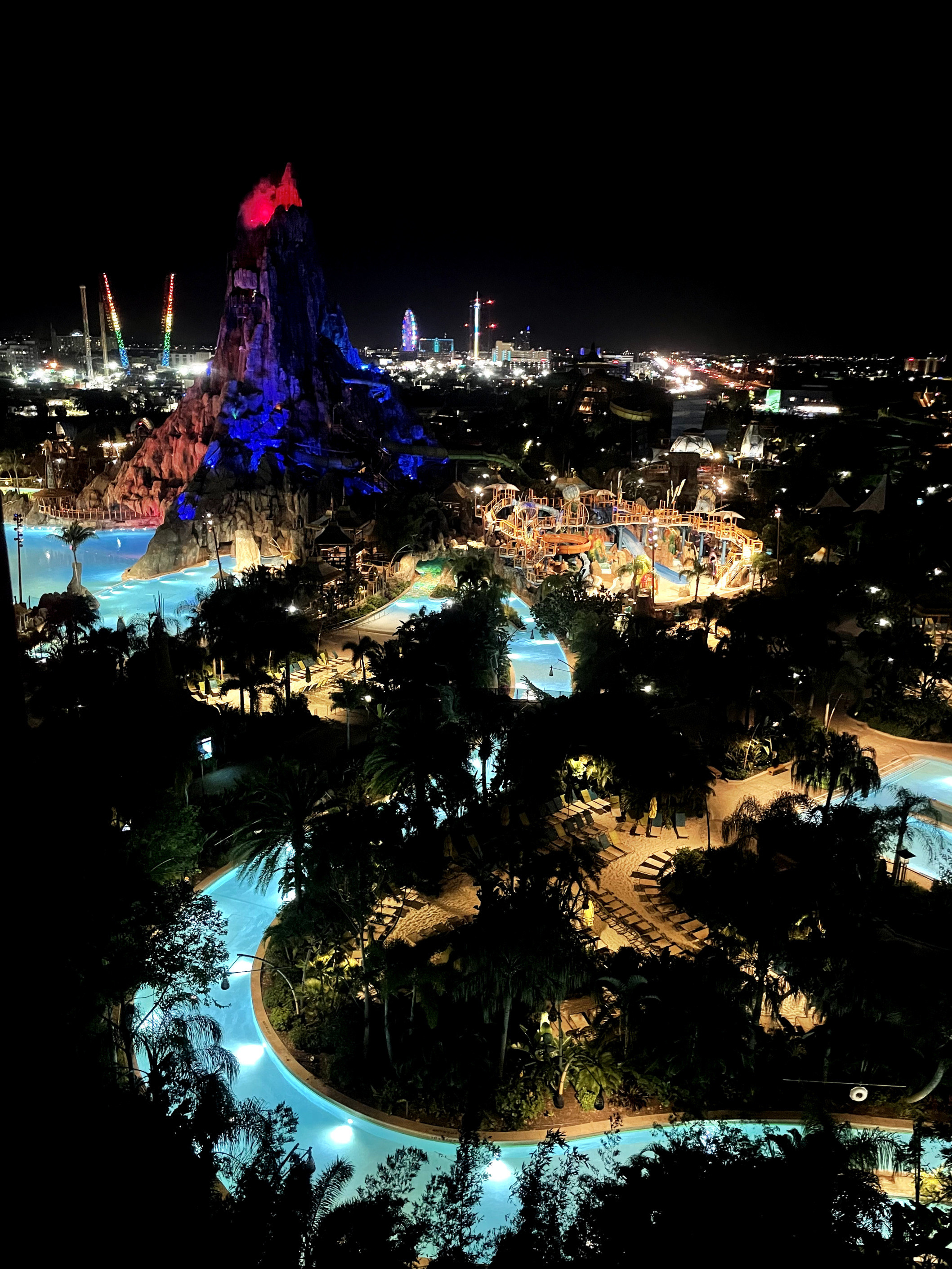 A photo of the greenery at night light up by lights in the pool