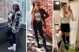 on left, reviewer wearing black faux leather leggings. in middle, reviewer in red leather moto jacket. on right, reviewer in white long-sleeve wrap top with mini skirt