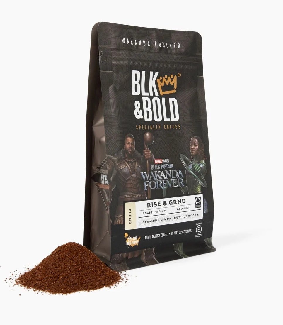 A bag of coffee featuring M&#x27;Baku and Nakia in costume on the front