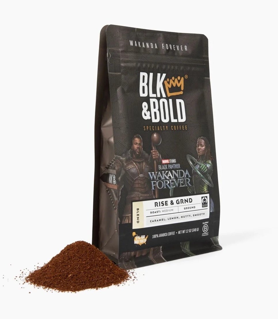 A bag of coffee featuring M'Baku and Nakia in costume on the front
