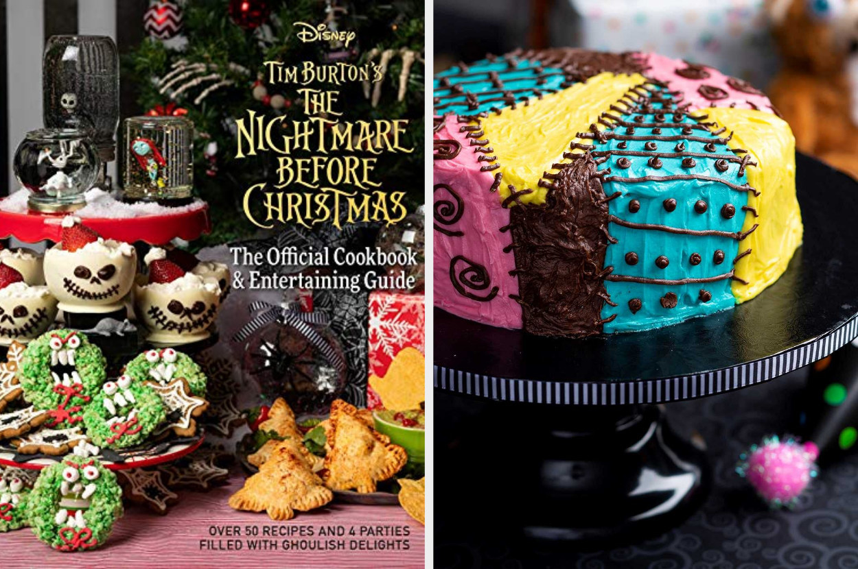Cover of the cookbook featuring a stack of baked goods that look like Jack Skellington and the monster wreath from the movie, and then a picture from inside the book that shows a cake that has patchwork like Sally&#x27;s dress