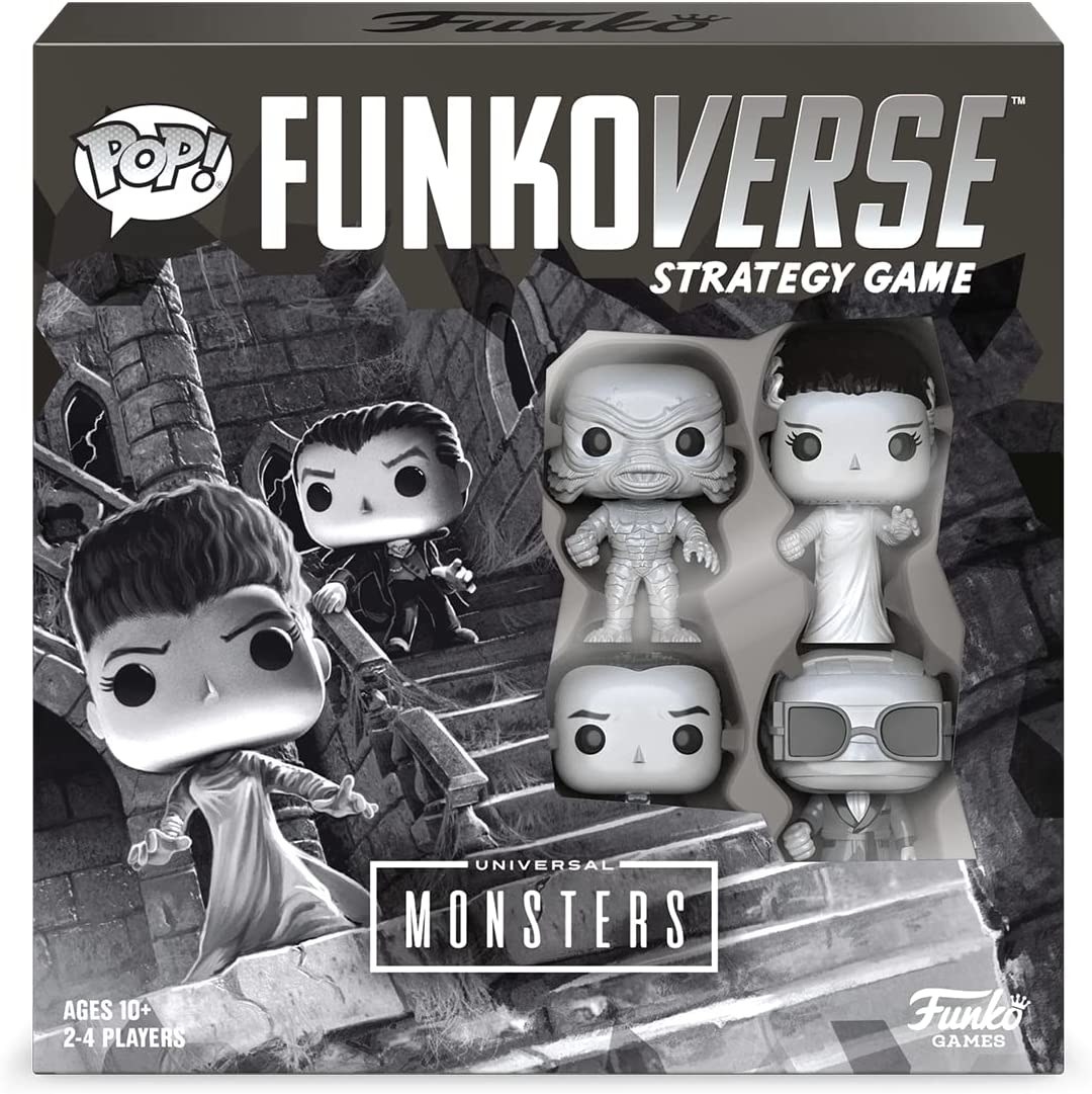A black and white game box with the monsters in funko form on the cover