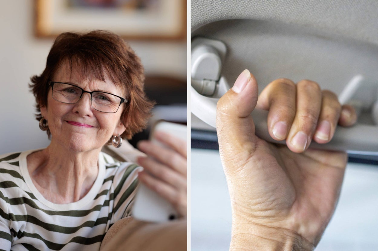 older woman frustrated with her phone and a hand holding onto the handle above the window of a car