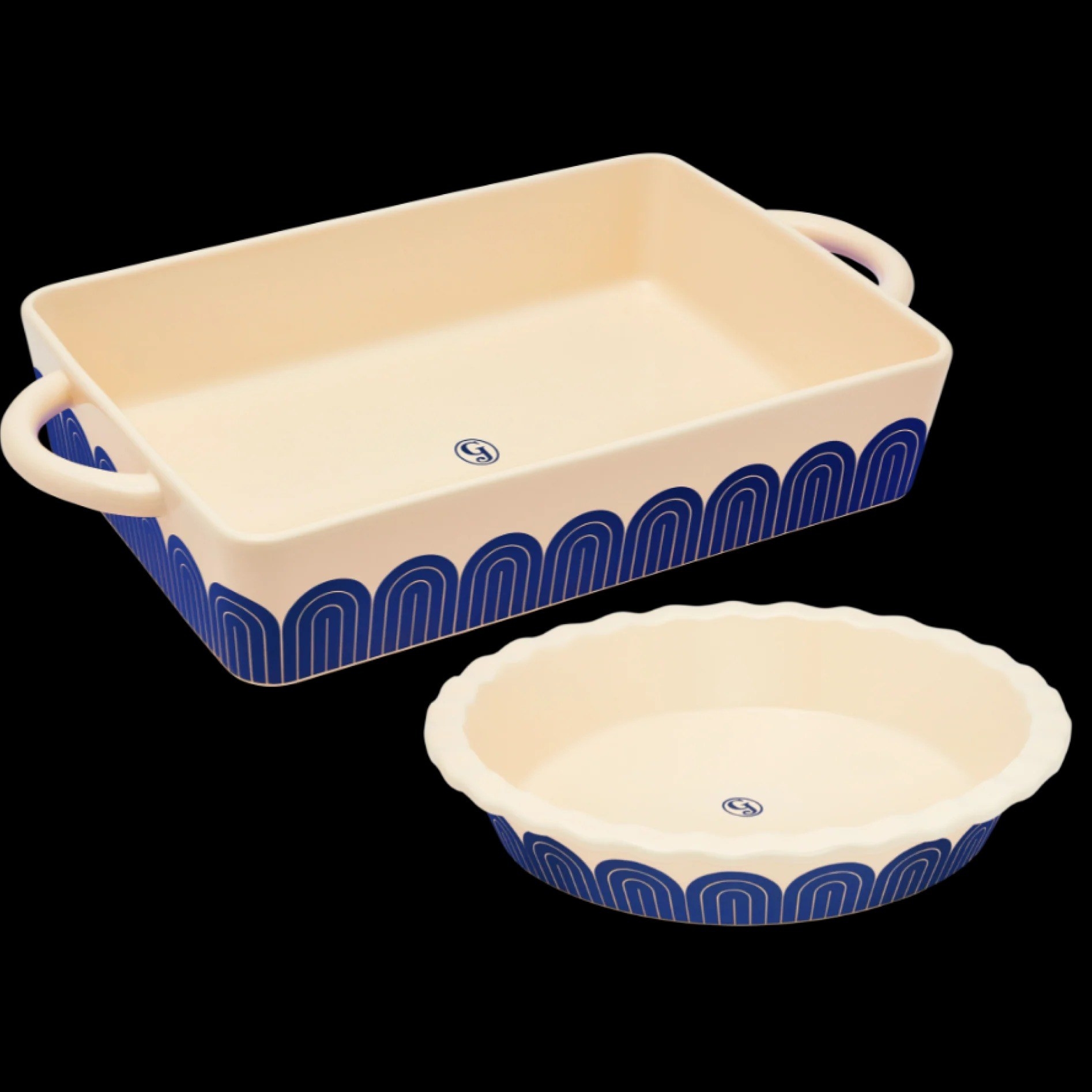 9-by-13-inch casserole dish and round pie dish with blue geometric pattern on them