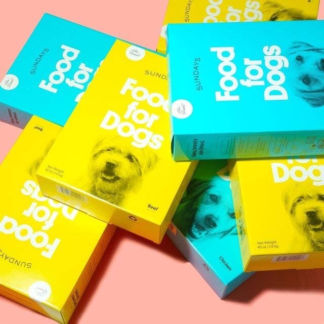 yellow and teal boxes of dog food