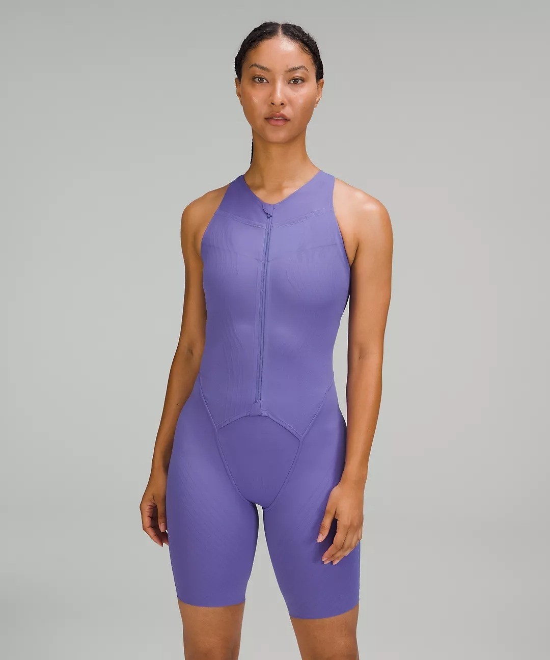 model wearing the one piece in indigo