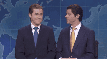 Animated GIF of two men in suits with text on screen that says &quot;nepotism. alright.&quot;