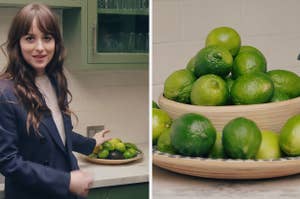 dakota johnson gesturing toward a bowl of limes during her architectural digest tour