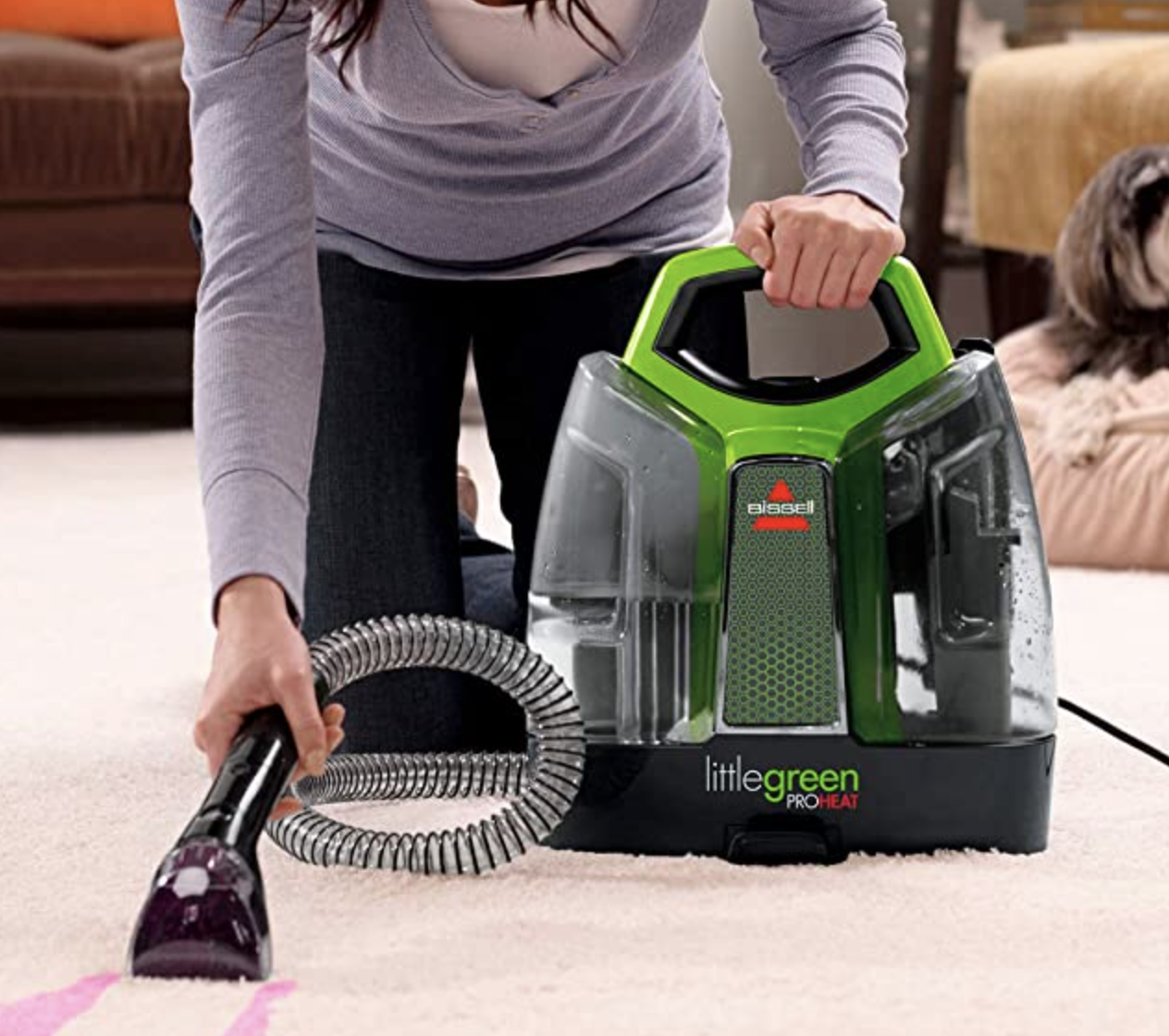 a person using the cleaner on their rug
