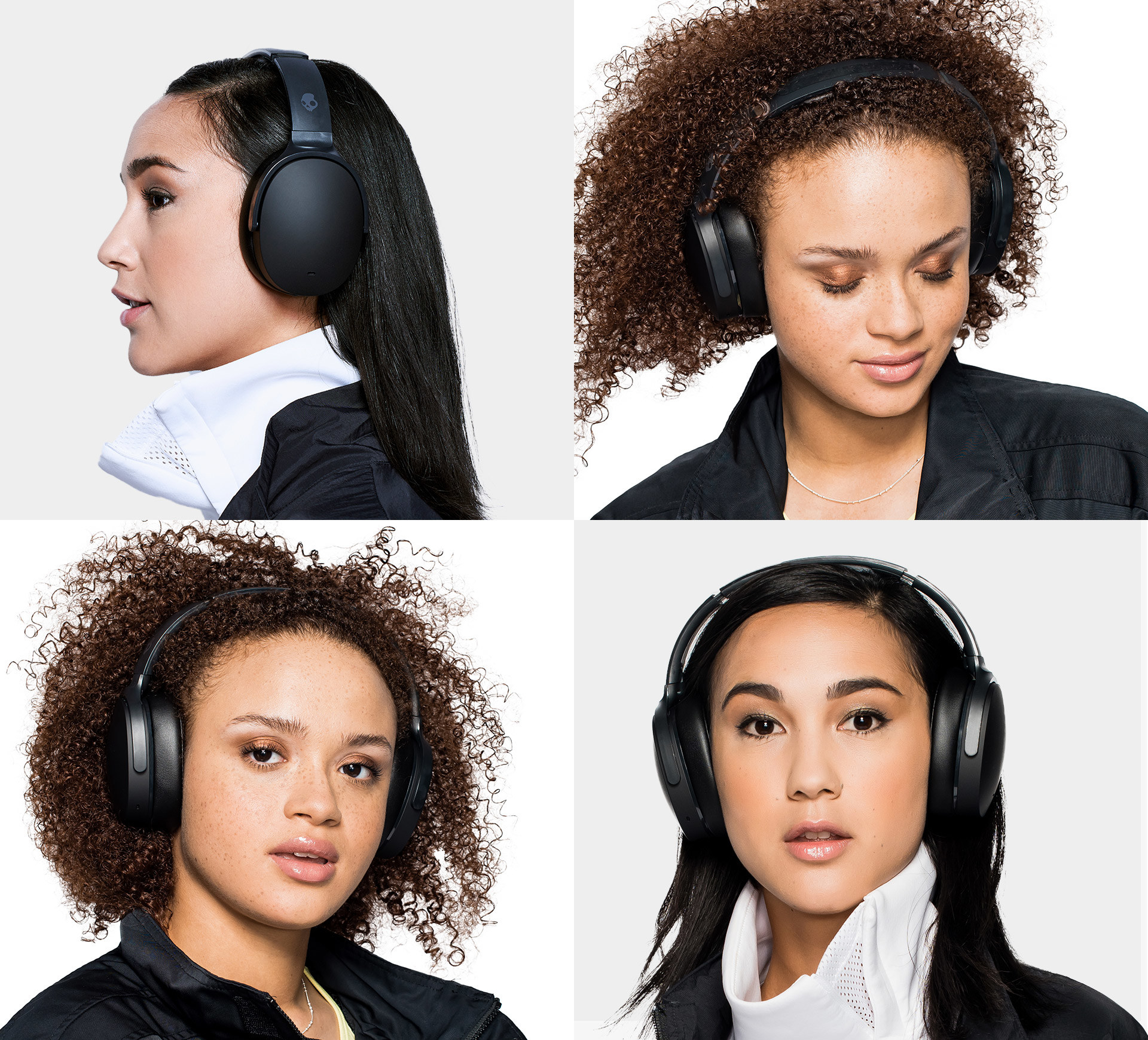 two people wearing the headphones in four different photo shots